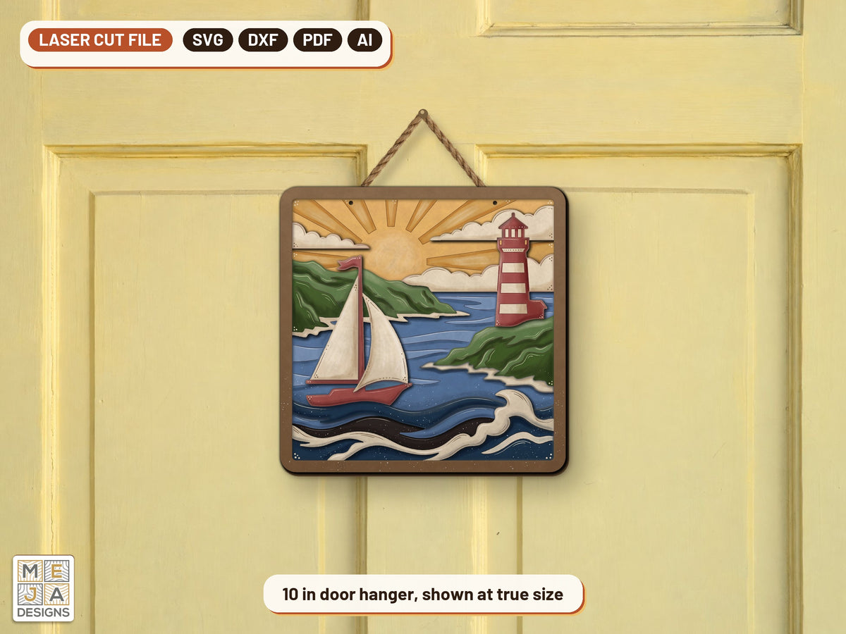 Lighthouse Bay Sailboat laser cut file: the finished piece in a room