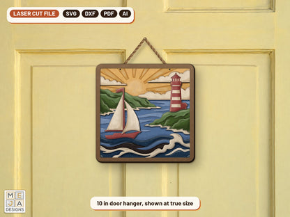 Lighthouse Bay Sailboat laser cut file: the finished piece in a room