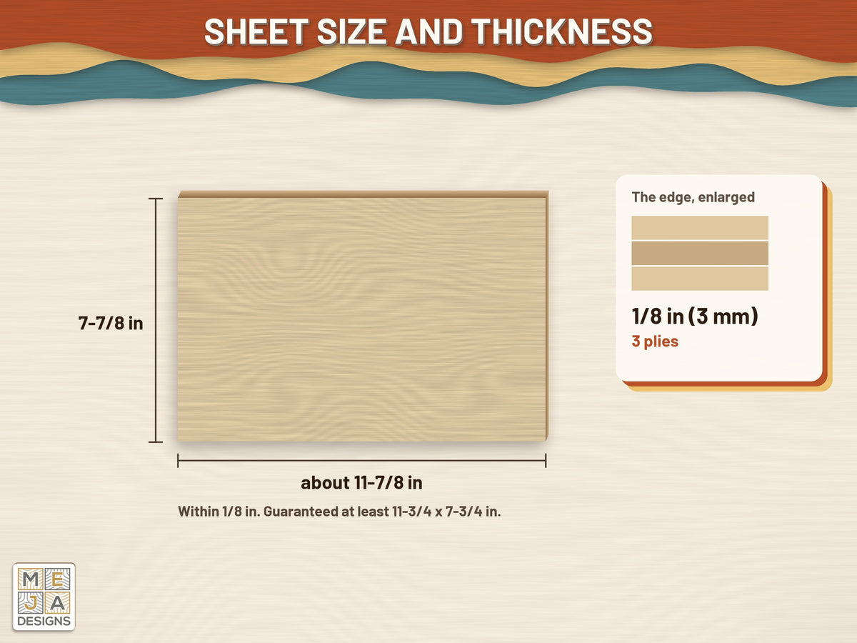 Baltic Birch Plywood Sheets 8 x 12 in, 1/8 in (3 mm): size and thickness