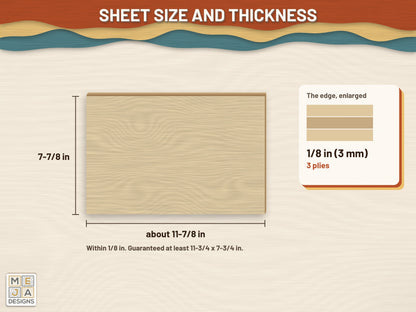 Baltic Birch Plywood Sheets 8 x 12 in, 1/8 in (3 mm): size and thickness