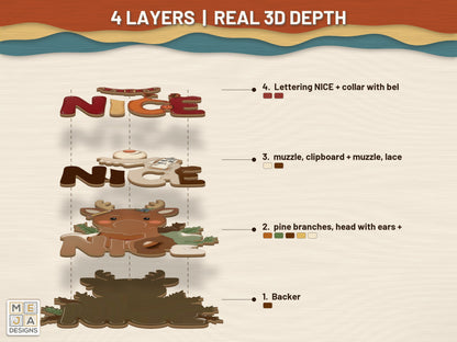 Nice List Reindeer Ornament laser cut file: its layers stacked, seen in 3D