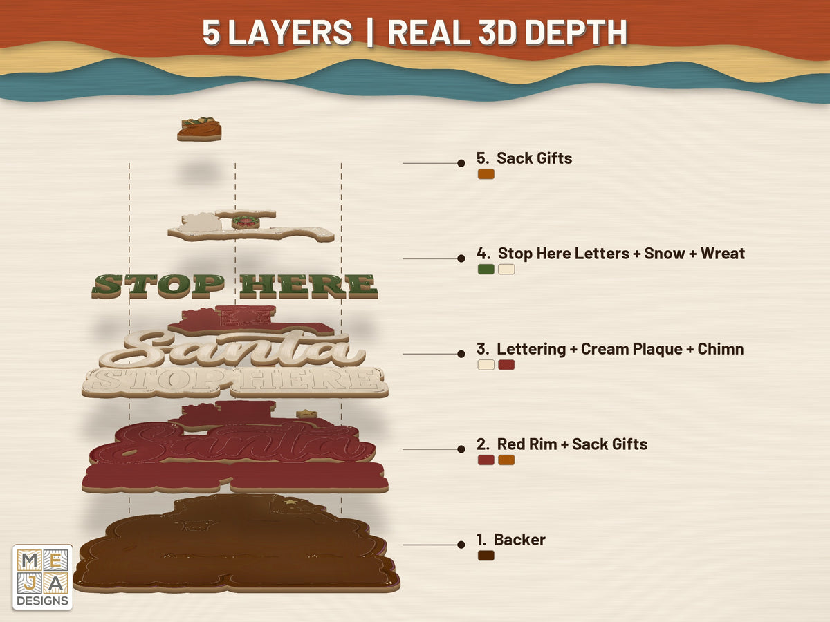 Santa Stop Here Sign laser cut file: its layers stacked, seen in 3D
