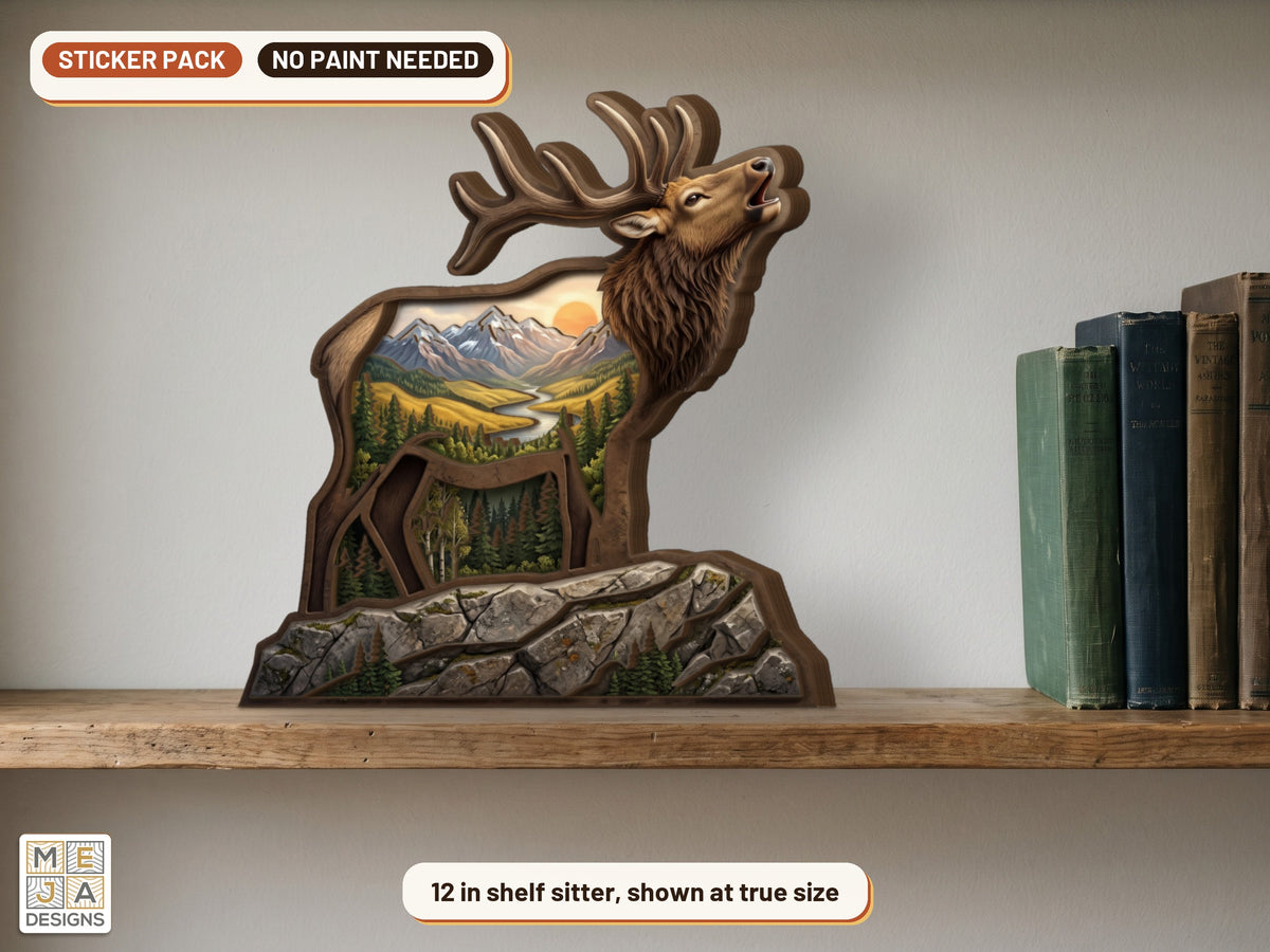 Bugling Elk Shelf Sitter sticker pack: the piece colored with the stickers, in a room