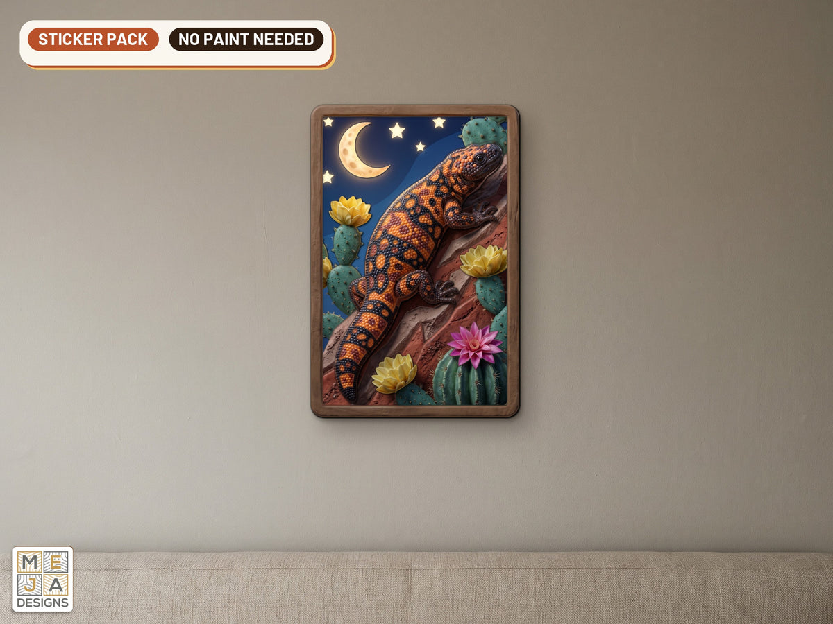 Gila Monster Desert Bloom sticker pack: the piece colored with the stickers, in a room