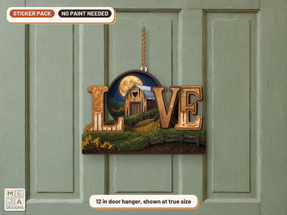 Rustic Barn LOVE Sign sticker pack: the piece colored with the stickers, in a room