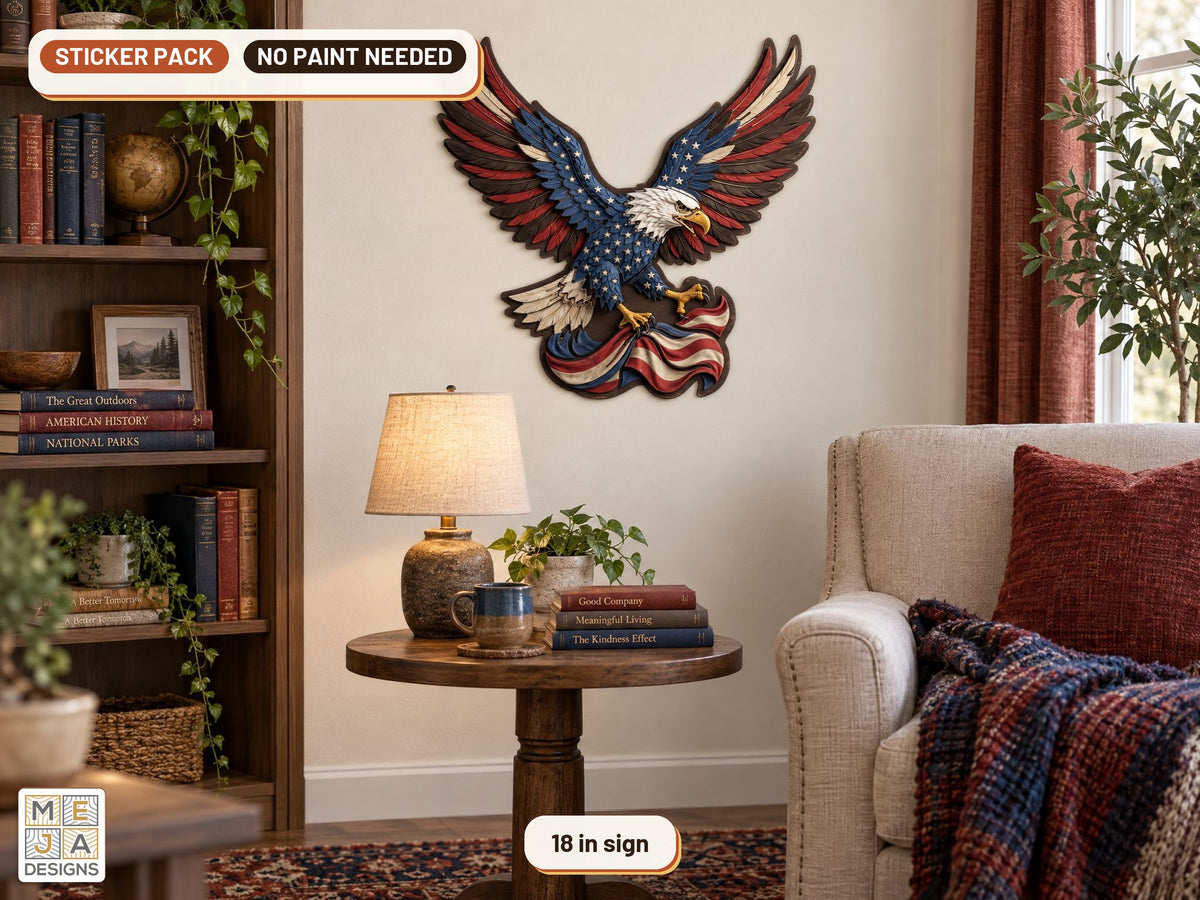Patriotic Bald Eagle Sign sticker pack: the piece colored with the stickers, in a room