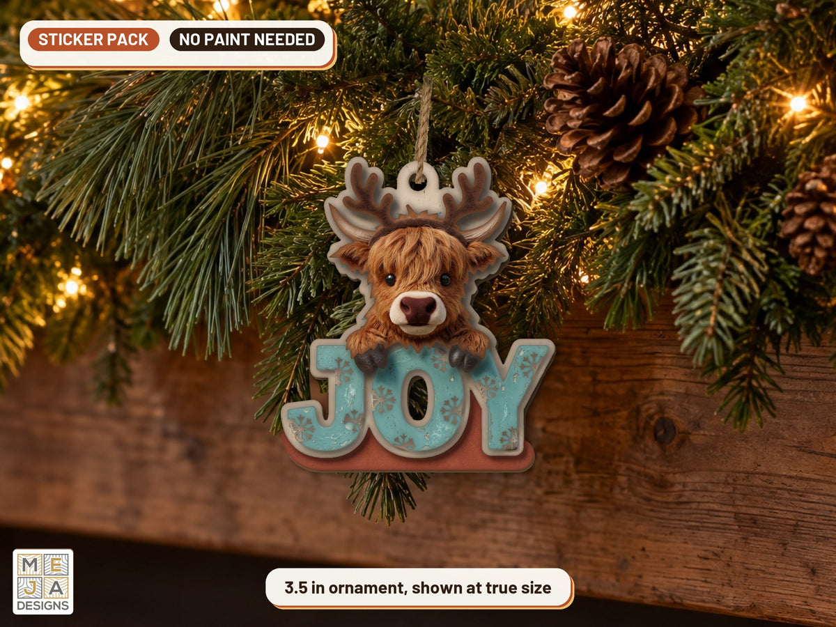 Highland Cow Joy Ornament sticker pack: the piece colored with the stickers, in a room