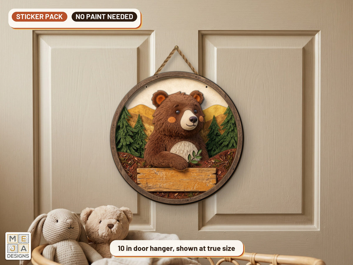 Woodland Bear Friend Hello Sign sticker pack: the piece colored with the stickers, in a room