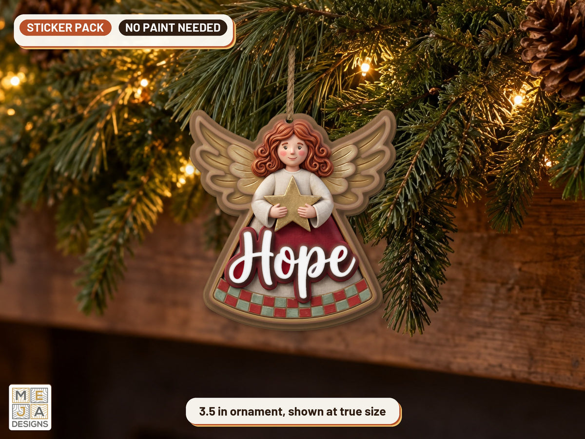 Rustic Hope Angel Ornament sticker pack: the piece colored with the stickers, in a room