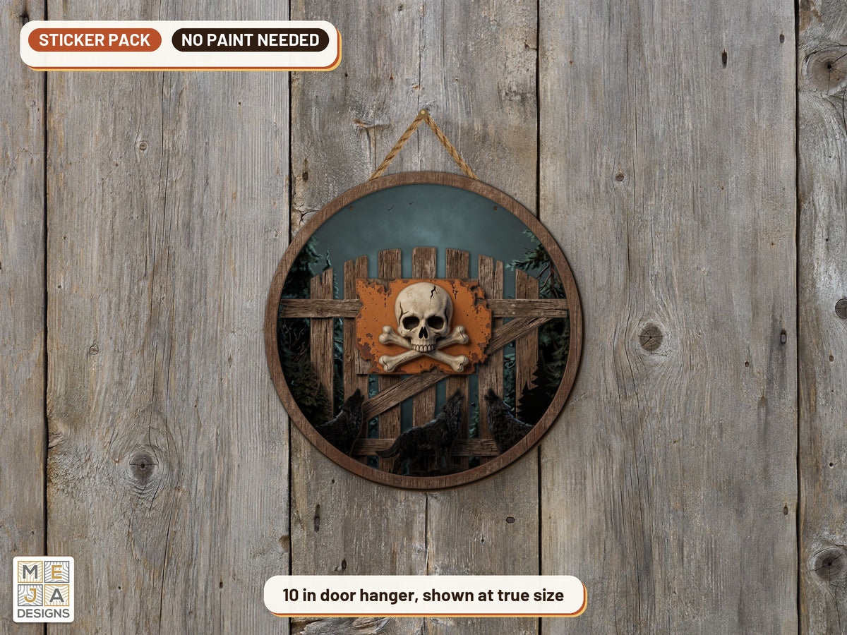 Skull Crossbones Wolf Gate sticker pack: the piece colored with the stickers, in a room