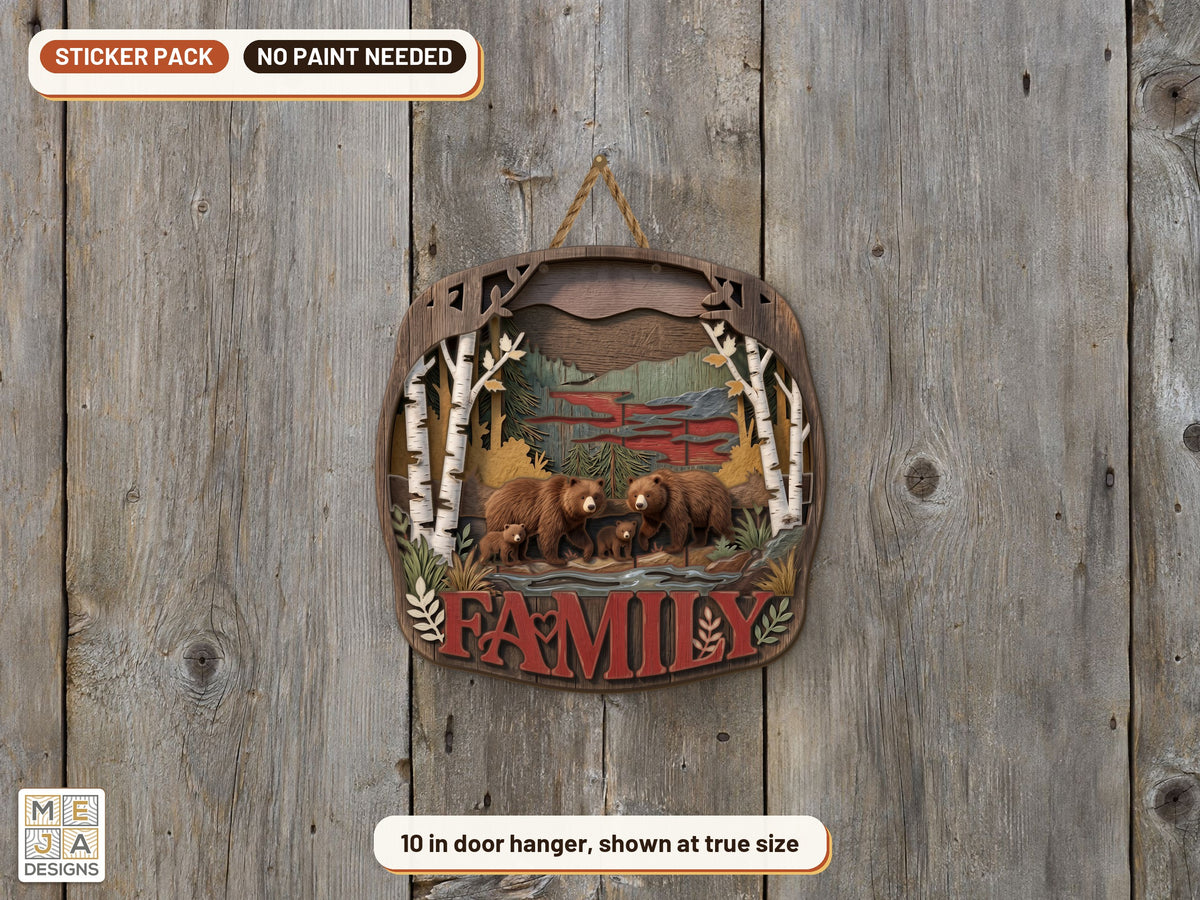 Rustic Bear Family Sign sticker pack: the piece colored with the stickers, in a room