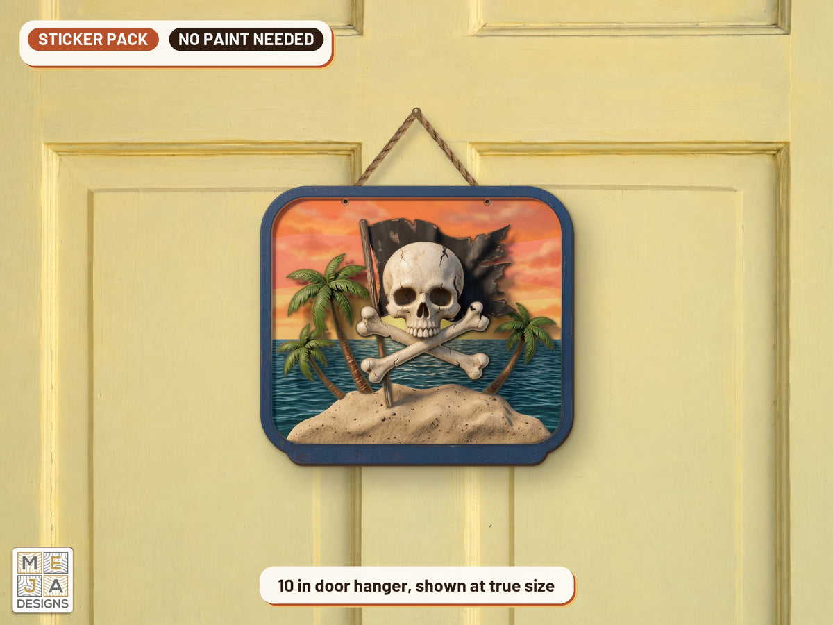 Jolly Roger Island Sign sticker pack: the piece colored with the stickers, in a room