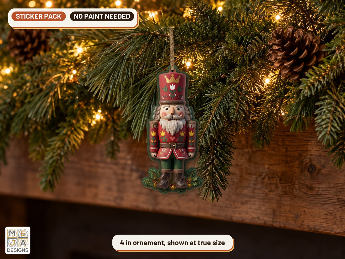 Folk Art Nutcracker Ornament sticker pack: the piece colored with the stickers, in a room