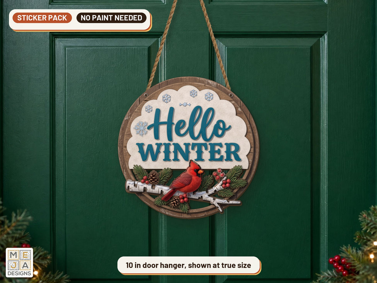 Hello Winter Cardinal Sign sticker pack: the piece colored with the stickers, in a room