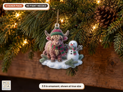Highland Cow Snowman Ornament sticker pack: the piece colored with the stickers, in a room