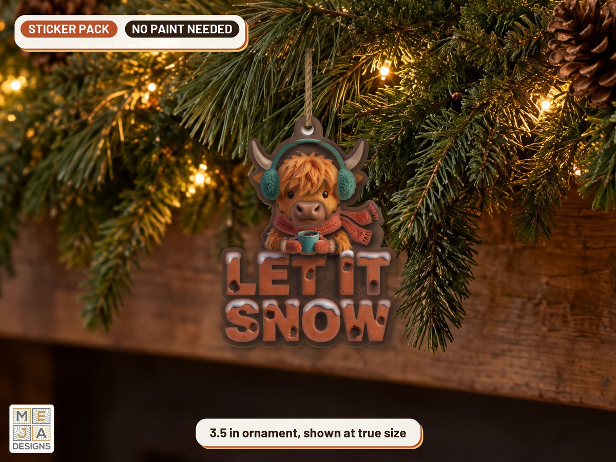 Highland Cow Let It Snow Ornament sticker pack: the piece colored with the stickers, in a room