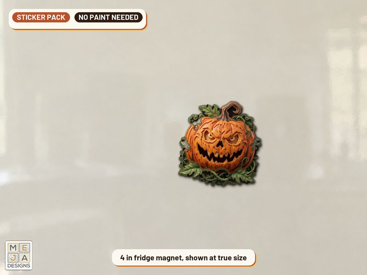 Vine Wreath Jack-O'-Lantern Magnet sticker pack: the piece colored with the stickers, in a room