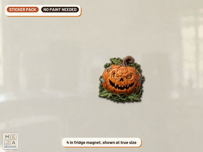 Vine Wreath Jack-O'-Lantern Magnet sticker pack: the piece colored with the stickers, in a room