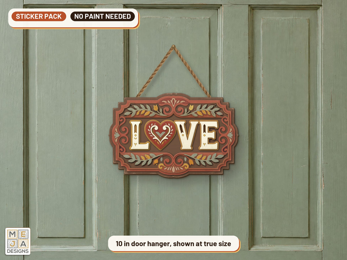 Rustic Folk LOVE Sign sticker pack: the piece colored with the stickers, in a room