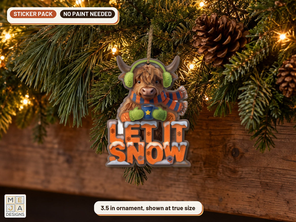 Highland Cow Let It Snow Ornament sticker pack: the piece colored with the stickers, in a room