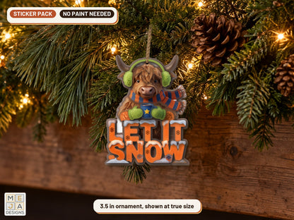 Highland Cow Let It Snow Ornament sticker pack: the piece colored with the stickers, in a room