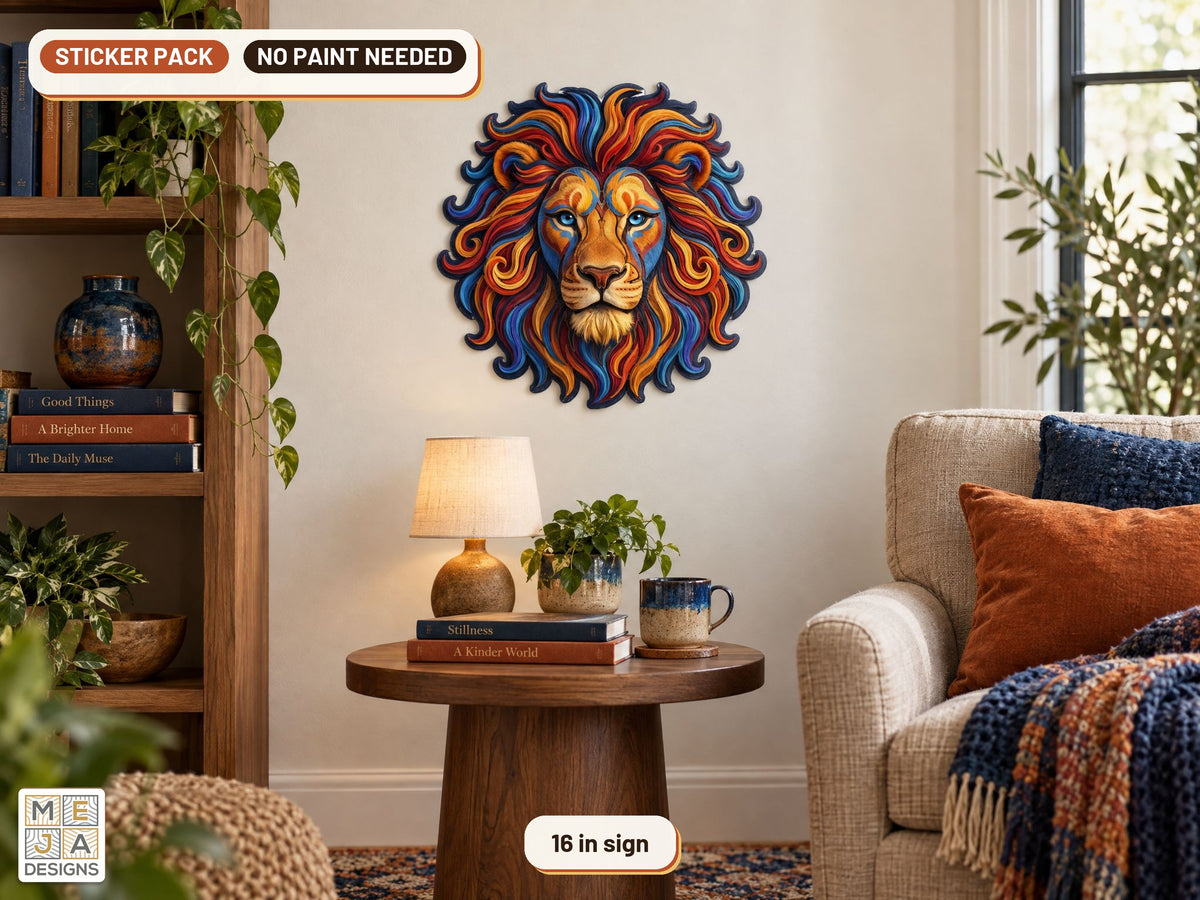 Swirl Lion Head Sign sticker pack: the piece colored with the stickers, in a room