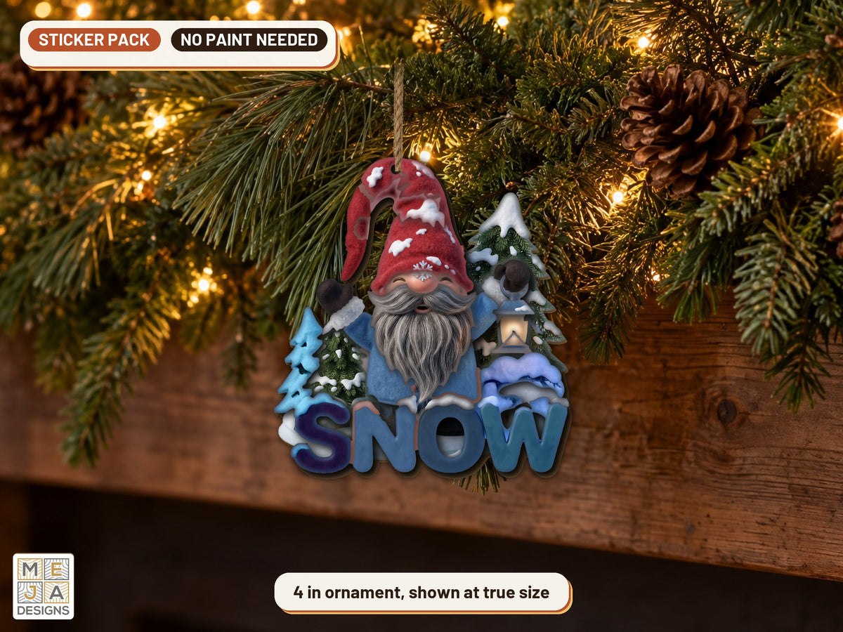 Let It Snow Gnome Ornament sticker pack: the piece colored with the stickers, in a room