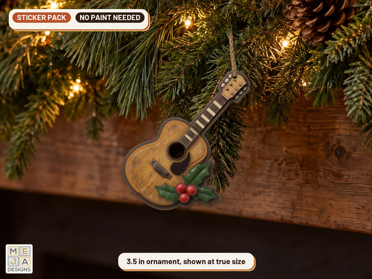 Acoustic Guitar Holly Ornament sticker pack: the piece colored with the stickers, in a room