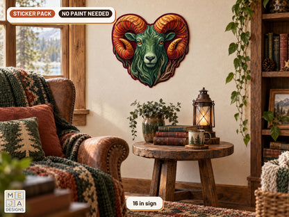 Swirl Ram Head Sign sticker pack: the piece colored with the stickers, in a room