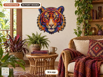 Swirl Tiger Head Sign sticker pack: the piece colored with the stickers, in a room