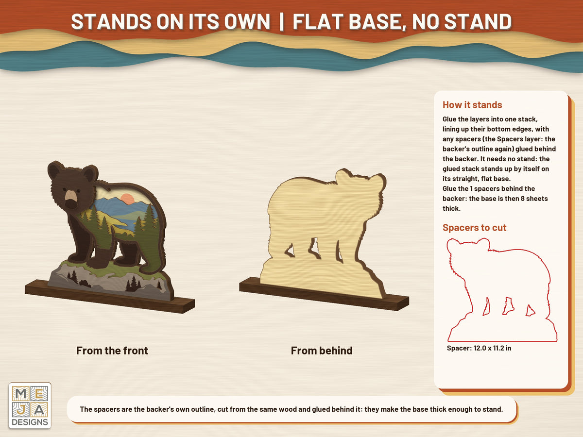 Bear Cub Mountain Sitter laser cut file: standing on its own stand