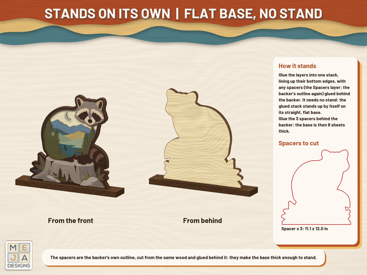 Raccoon Creek Shelf Sitter laser cut file: standing on its own stand