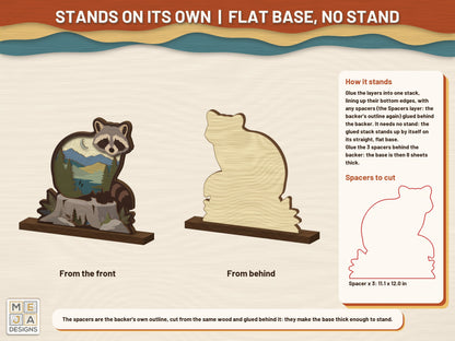 Raccoon Creek Shelf Sitter laser cut file: standing on its own stand