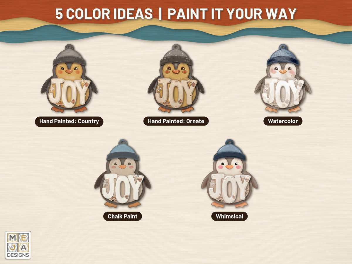 Rustic JOY Penguin Ornament laser cut file: color ideas for painting it
