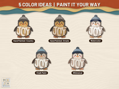 Rustic JOY Penguin Ornament laser cut file: color ideas for painting it