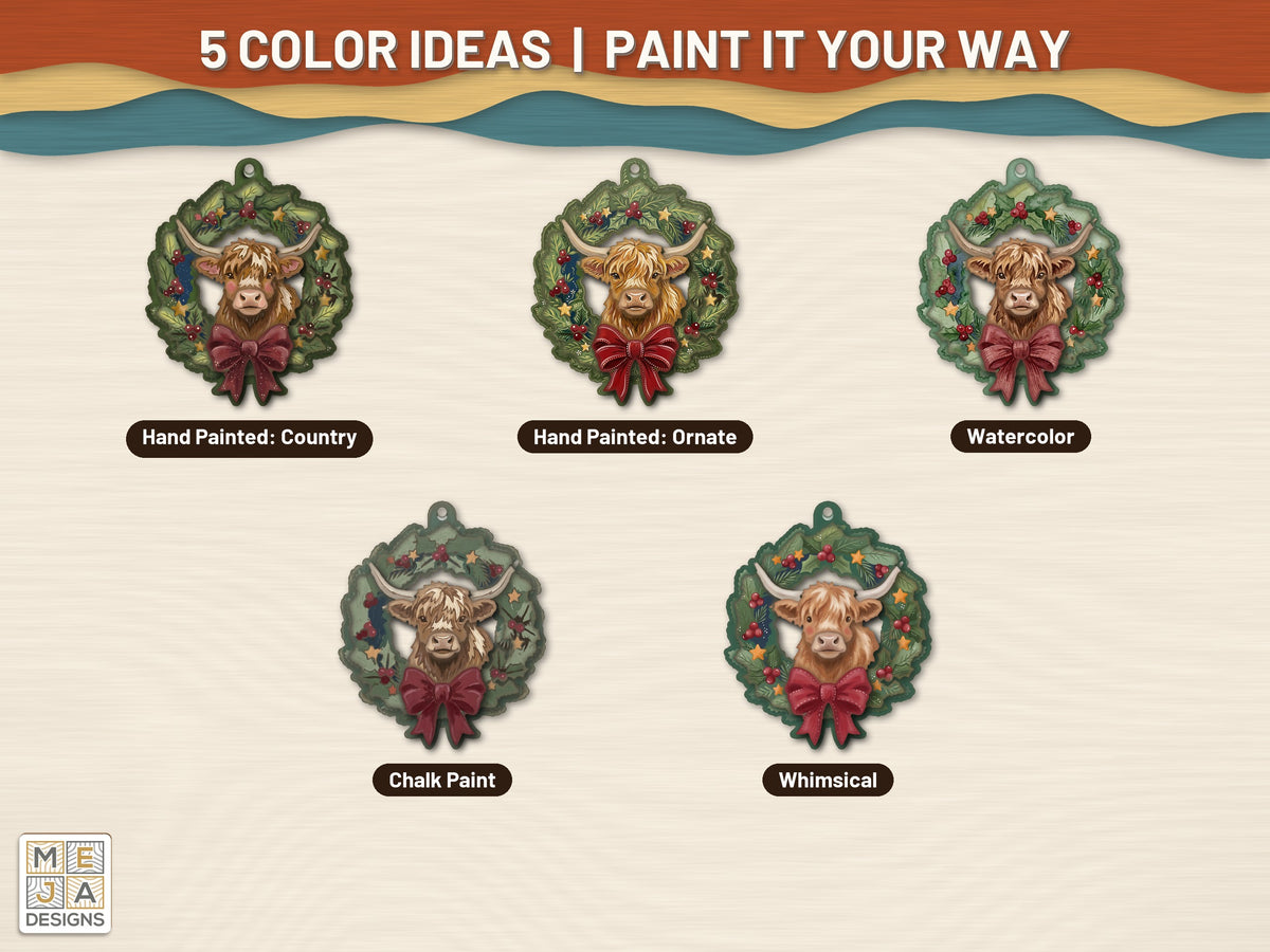 Highland Cow Wreath Ornament laser cut file: color ideas for painting it