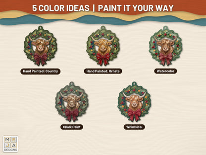Highland Cow Wreath Ornament laser cut file: color ideas for painting it