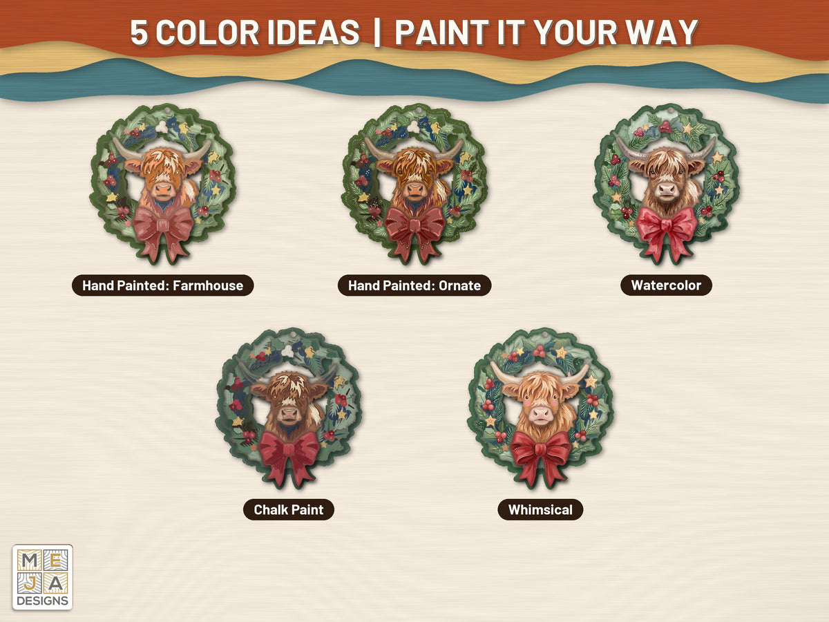 Highland Cow Wreath Ornament laser cut file: color ideas for painting it