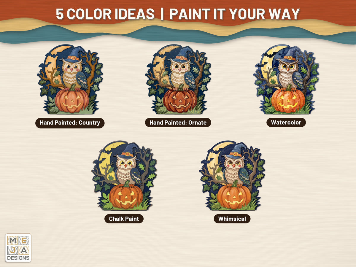 Witch Hat Owl Pumpkin laser cut file: color ideas for painting it