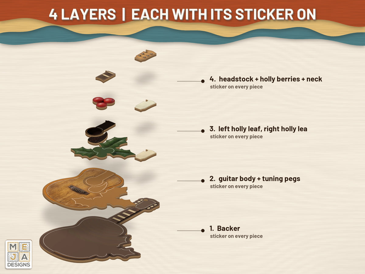 Acoustic Guitar Holly Ornament sticker pack: its layers with the stickers on