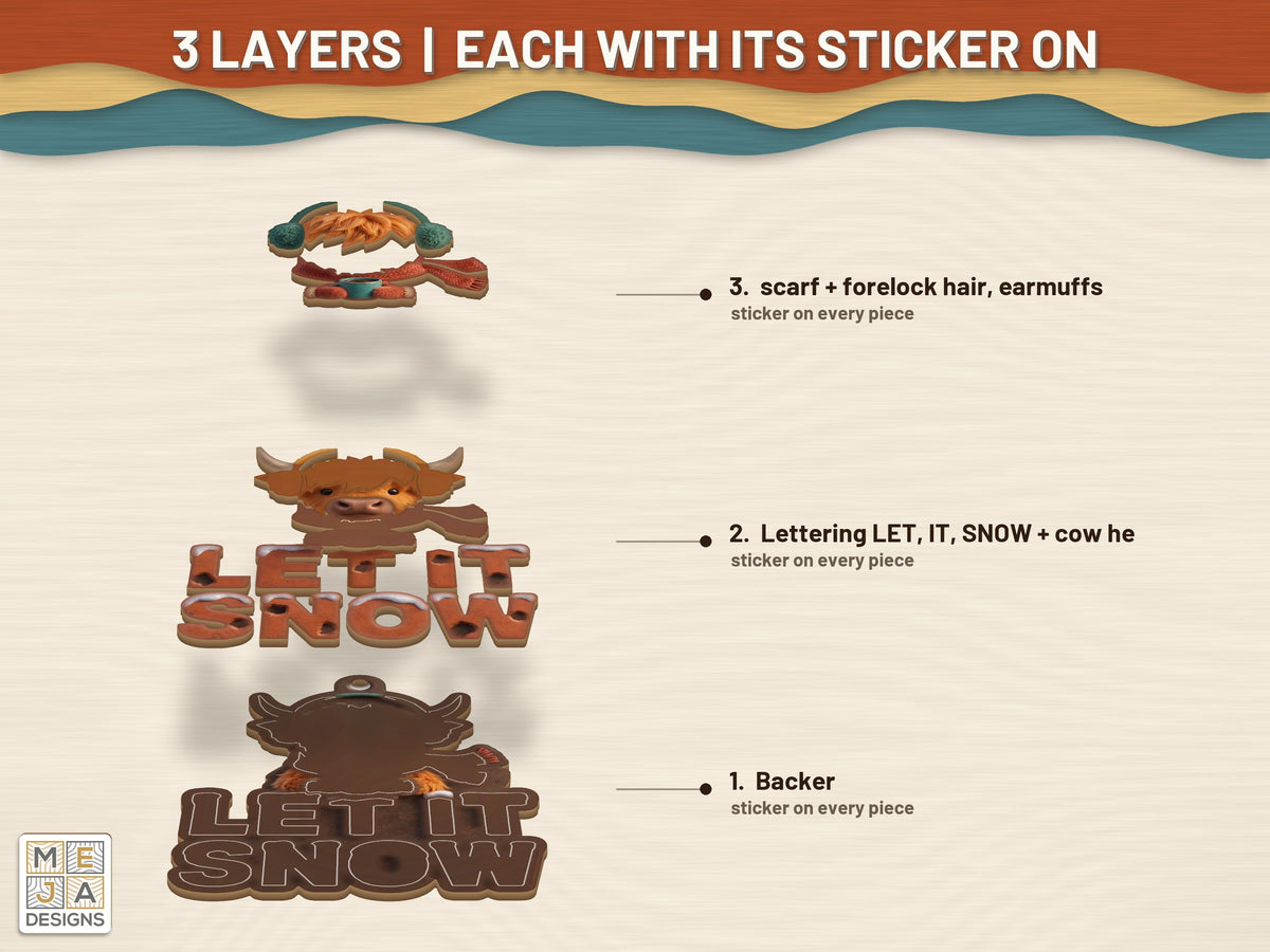 Highland Cow Let It Snow Ornament sticker pack: its layers with the stickers on