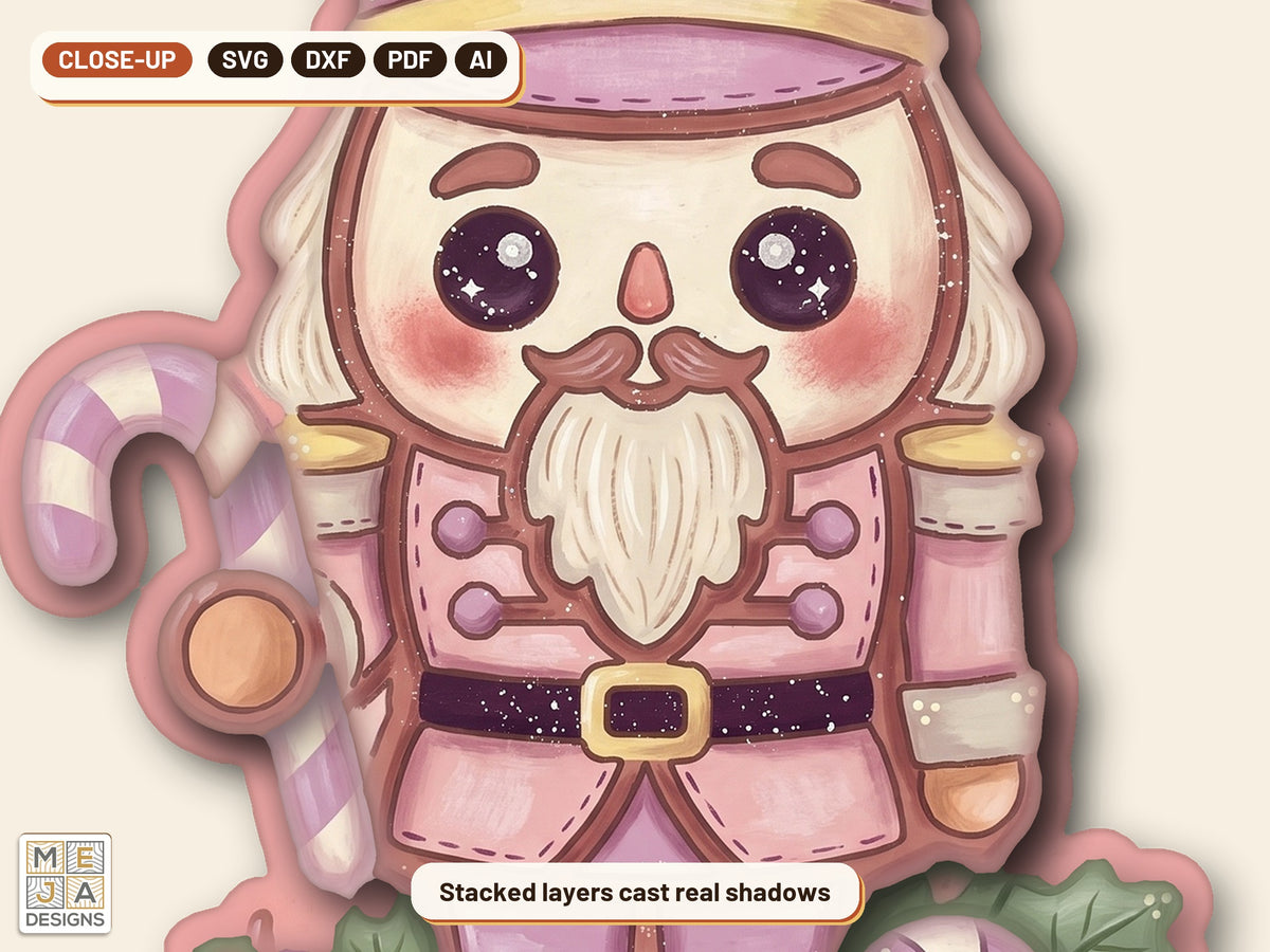 Sugar Plum Nutcracker Ornament laser cut file: a close-up of its layers