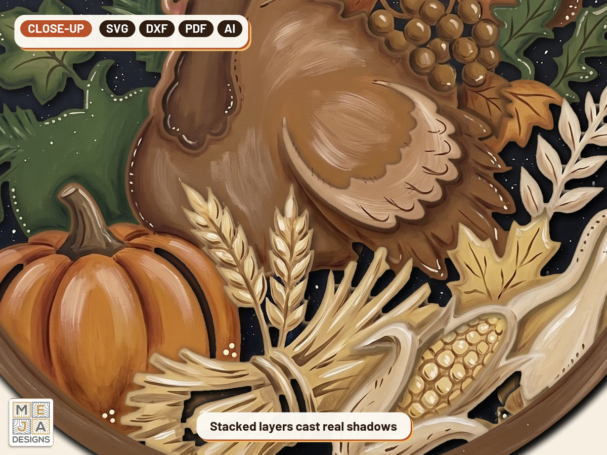 Thanksgiving Harvest Turkey laser cut file: a close-up of its layers