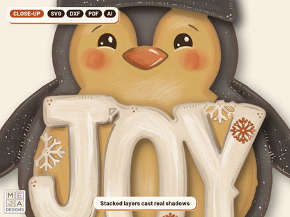 Rustic JOY Penguin Ornament laser cut file: a close-up of its layers