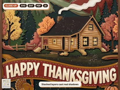 Mountain Thanksgiving Cabin Sign laser cut file: a close-up of its layers