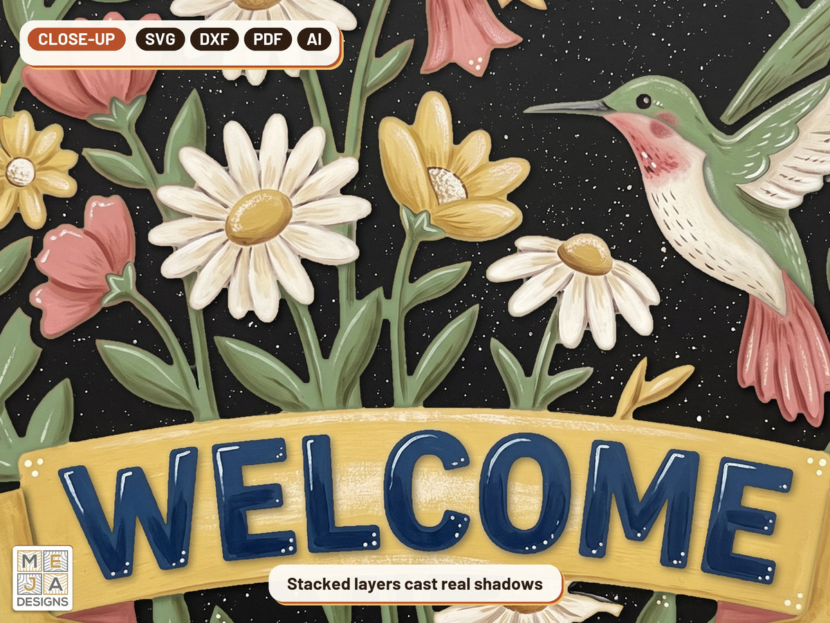 Hummingbird Wildflower Welcome Sign laser cut file: a close-up of its layers