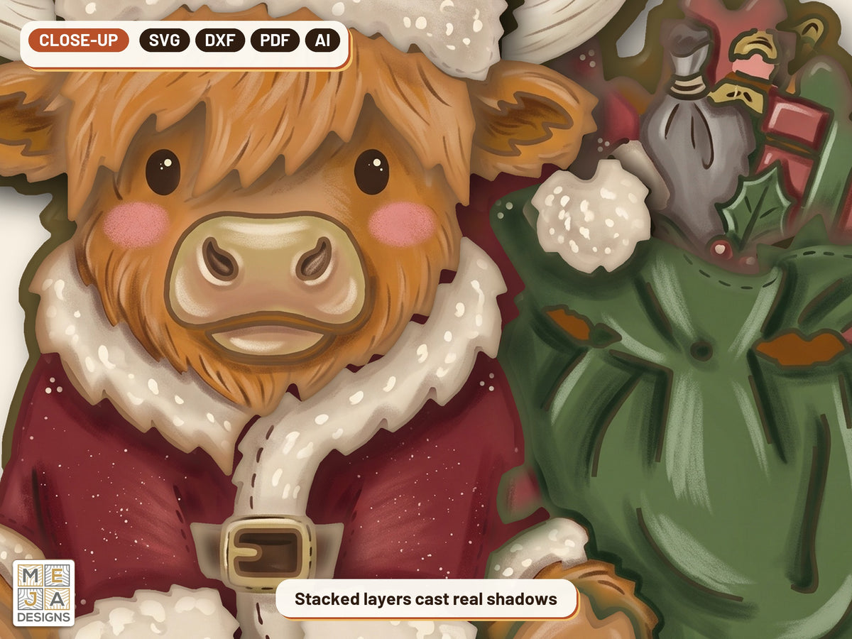 Highland Cow Santa Ornament laser cut file: a close-up of its layers