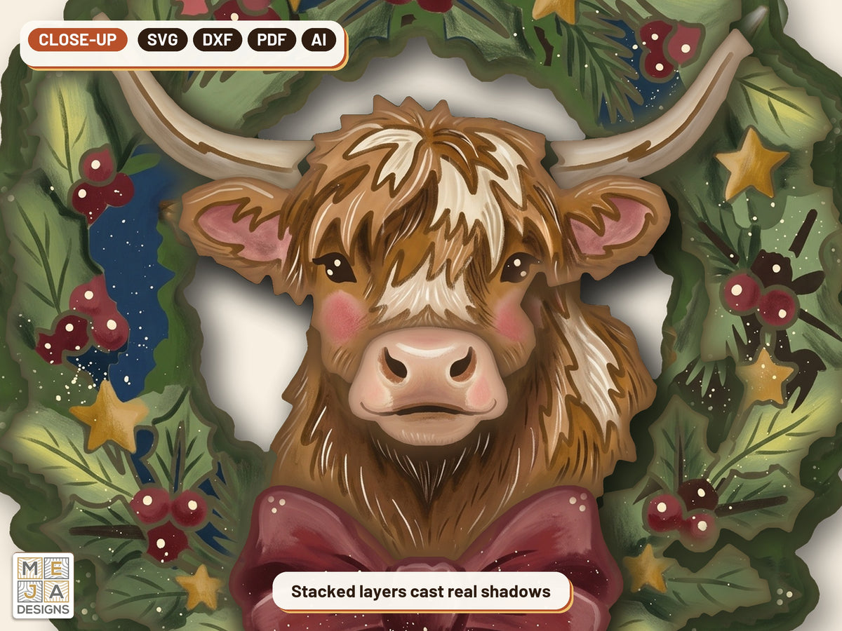 Highland Cow Wreath Ornament laser cut file: a close-up of its layers