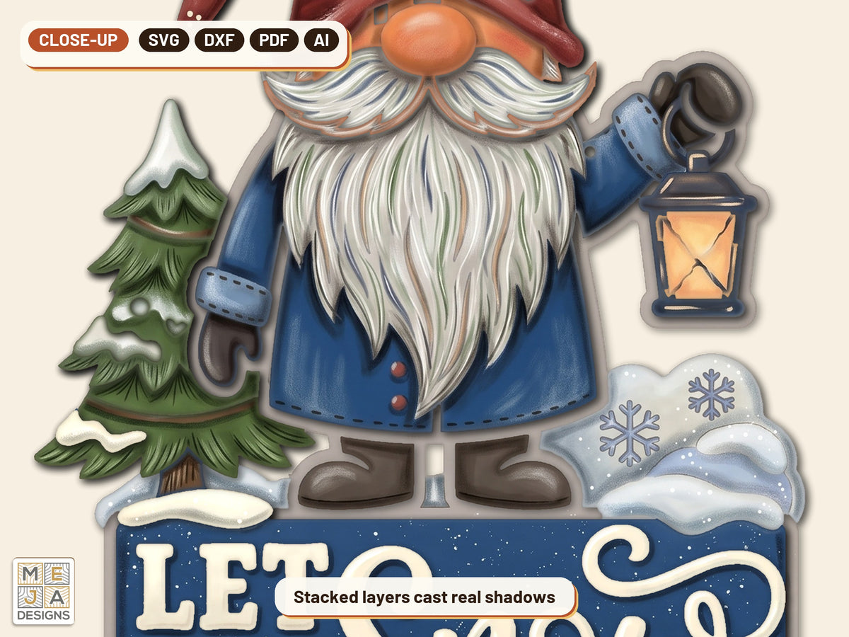 Let It Snow Gnome laser cut file: a close-up of its layers