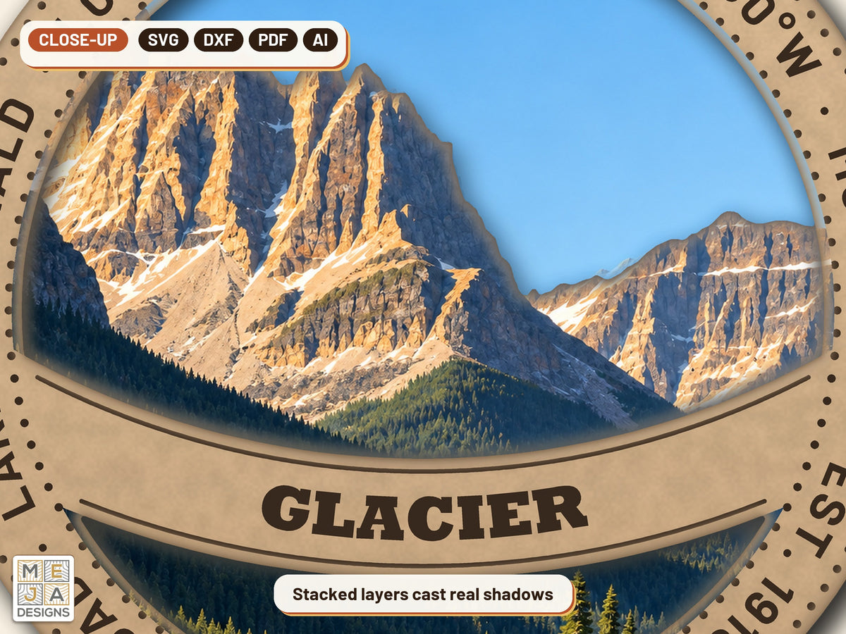 Glacier National Park Ornament laser cut file: a close-up of its layers